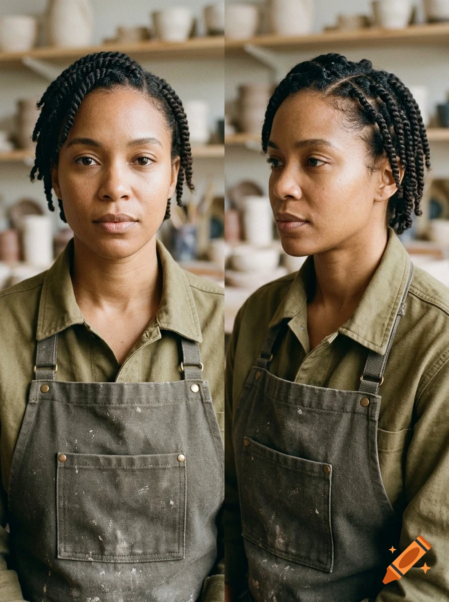 Portrait of a Black woman with short braided hair wearing an apron in a pottery studio.