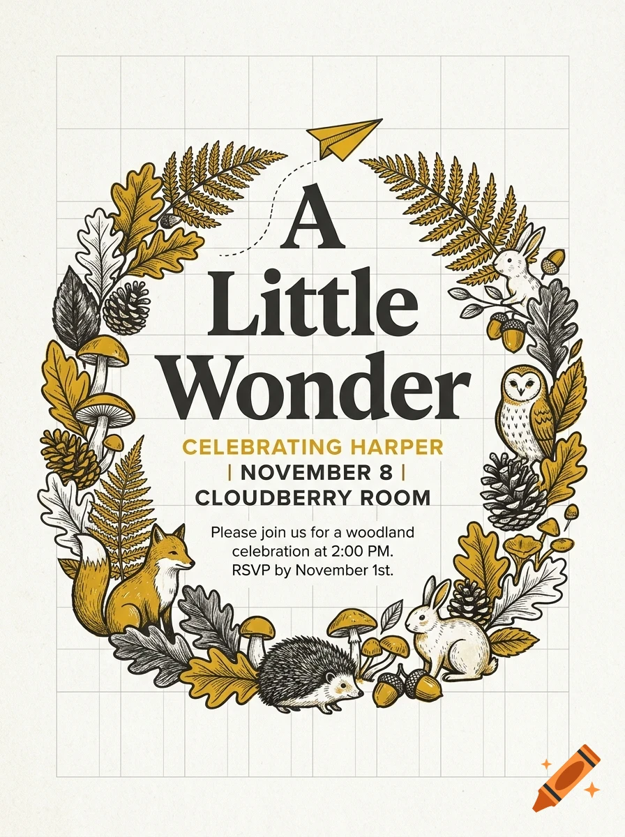 An illustrated woodland-themed invitation with a botanical wreath featuring animals, mushrooms, and leaves surrounding the text A Little Wonder.