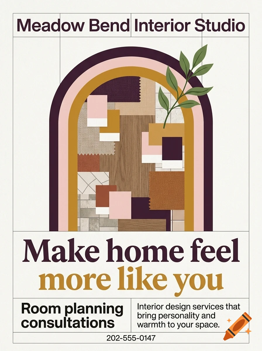 An interior design poster featuring an arched mood board with color swatches, textures, and a small plant branch, accompanied by text.