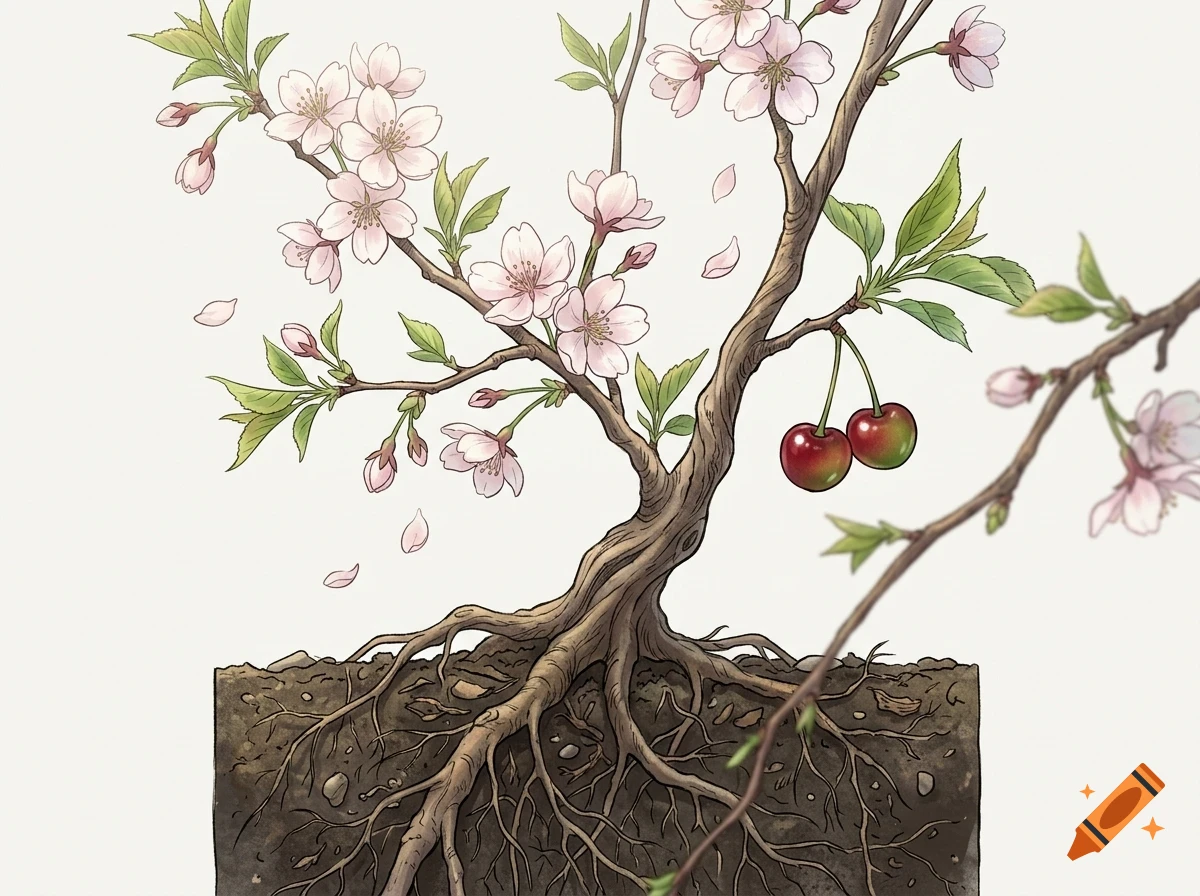 An illustrated diagram of a cherry tree showing blossoming pink flowers, green leaves, exposed roots in soil, and a pair of cherries.