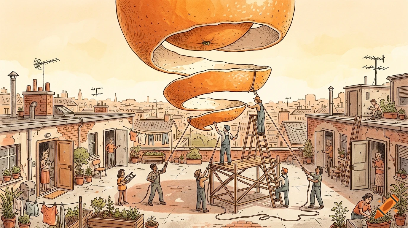 An illustrated surreal scene of people working together on a rooftop to peel a giant orange hovering in the sky.
