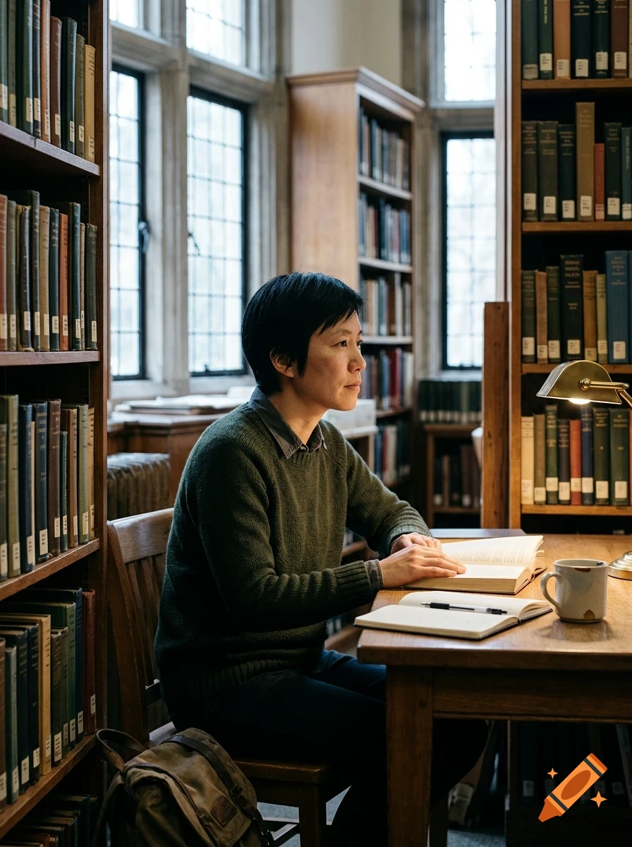 A person with short dark hair wearing a green sweater sits at a wooden table in a library surrounded by bookshelves, reading a book.