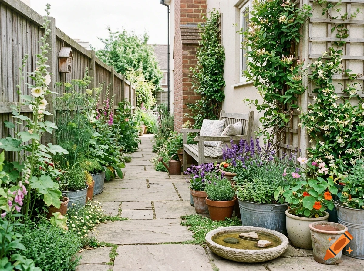 A narrow stone pathway winds through a lush backyard garden lined with potted plants, climbing vines, a wooden bench, and a wooden fence.