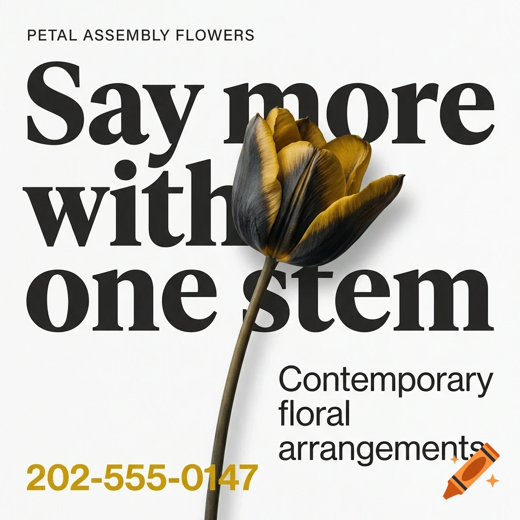 A close-up photograph of a single dark and gold tulip against a white background with bold black typography reading "Say more with one stem".