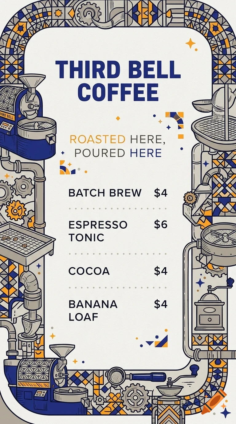 An illustrated coffee shop menu with a decorative border featuring coffee roasting equipment, gears, and pipes, displaying the text THIRD BELL COFFEE and prices for various drinks.