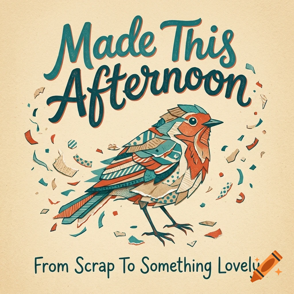 An illustrated collage-style bird surrounded by paper scraps, with the text 'Made This Afternoon' and 'From Scrap To Something Lovely'.