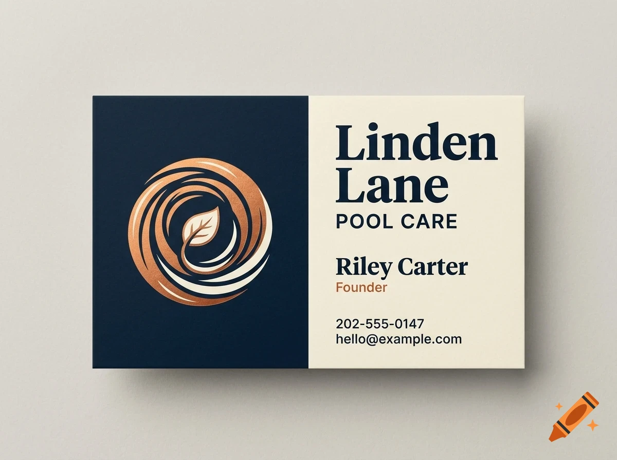 A business card for Linden Lane Pool Care features a swirling leaf logo and text.