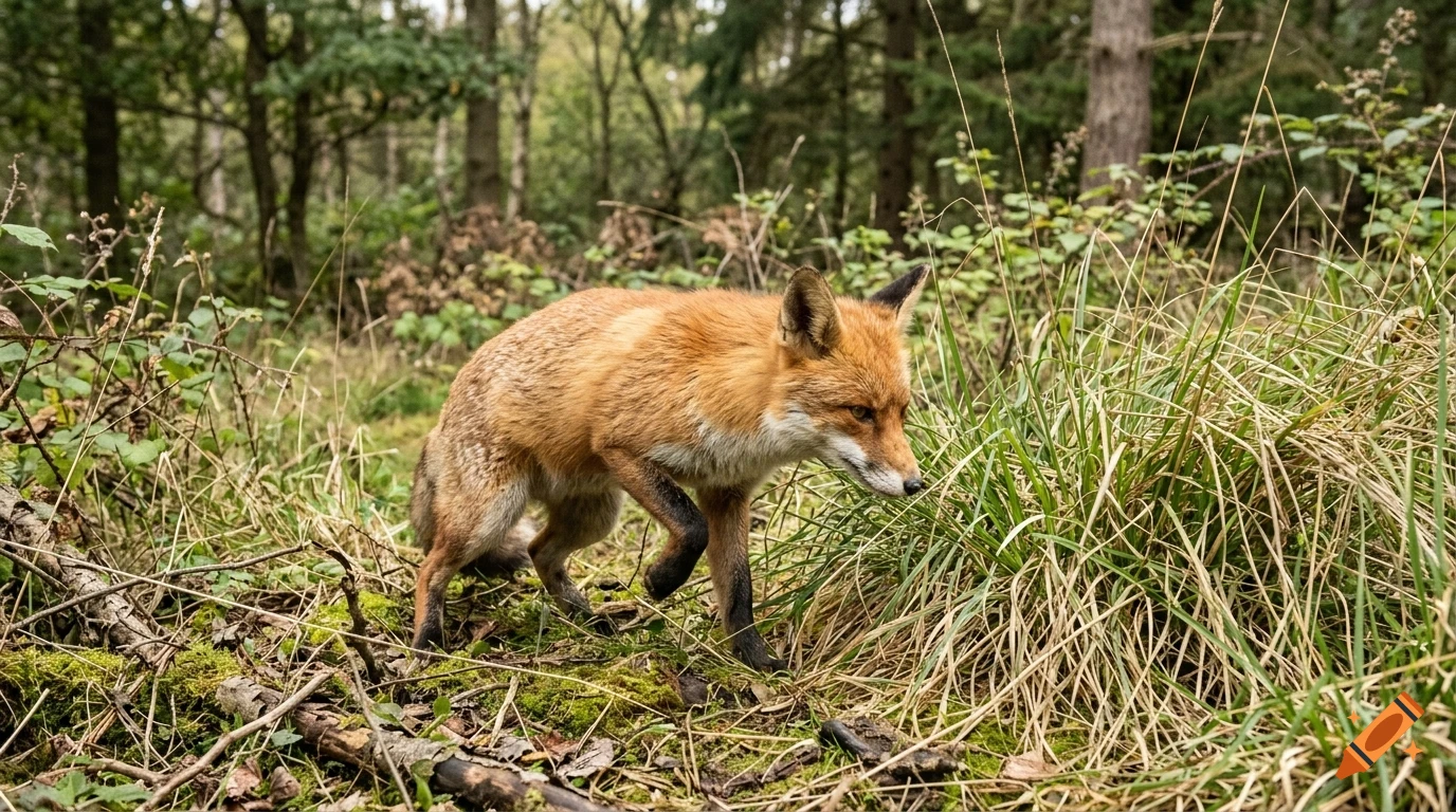 A red fox walking through tall grass and underbrush in a forest.