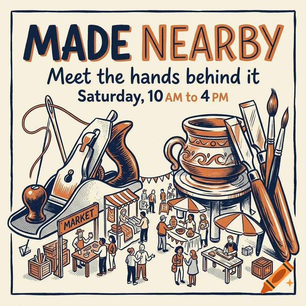 An illustrated poster with lettering reading 'MADE NEARBY' and a scene showing craft tools, pottery, and people at a market.
