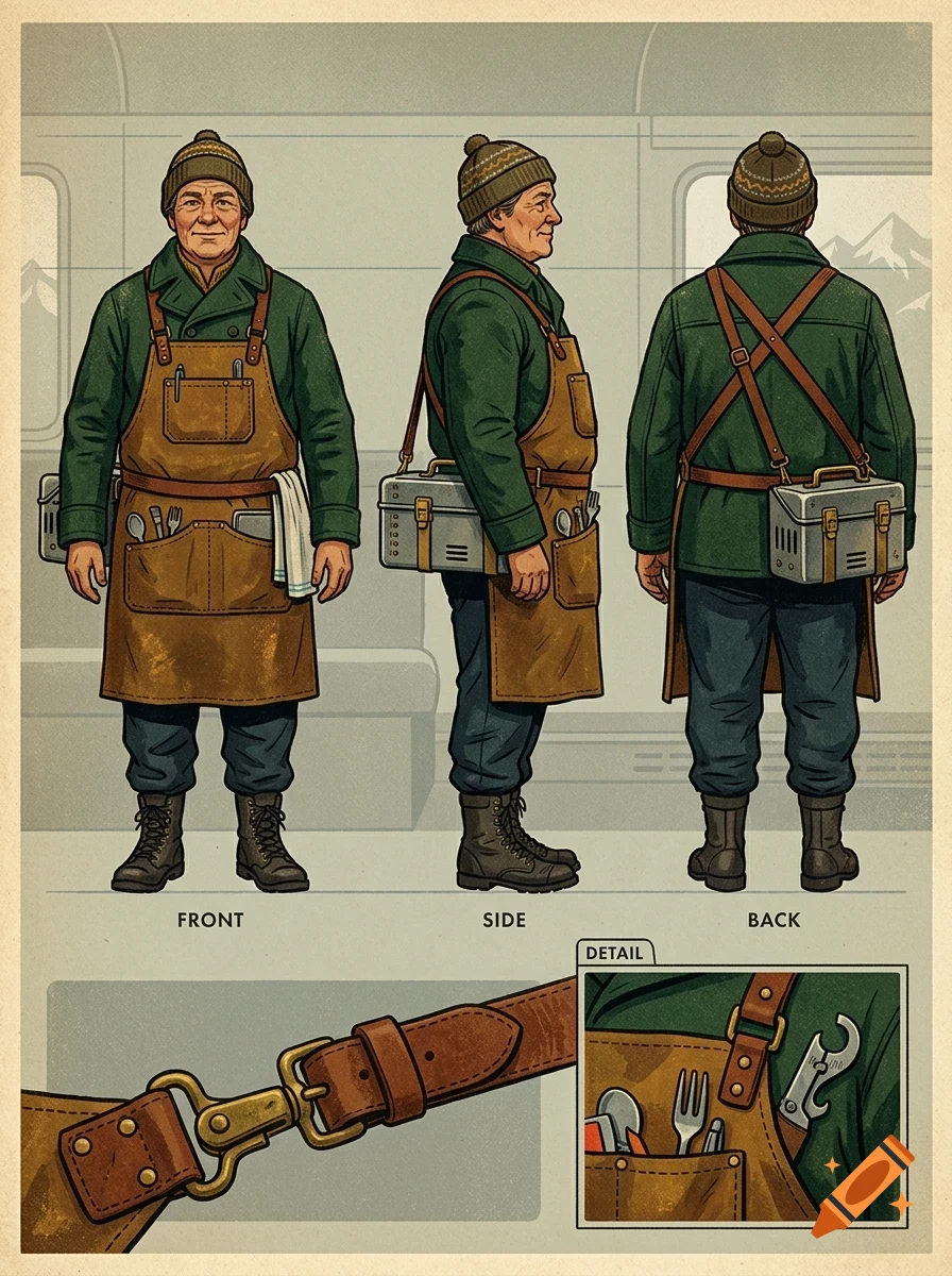 Character turnaround sheet showing front, side, and back views of a man in a green coat and brown leather apron with tools.