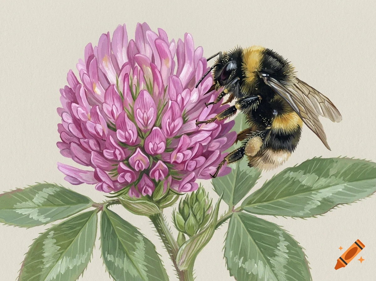 A detailed digital illustration of a bumblebee pollinating a pink clover flower with green leaves against a light background.