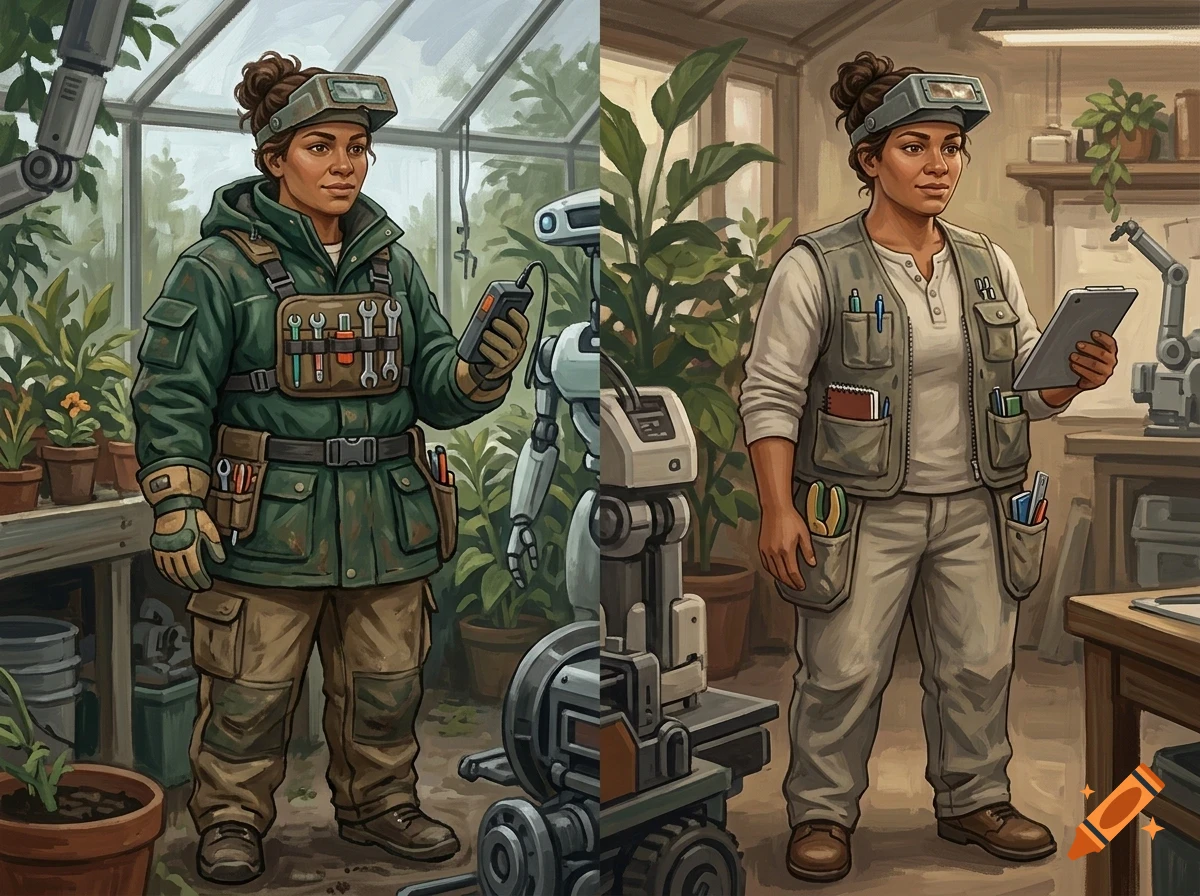 Split image showing a woman in work attire with tools and robotic elements in a greenhouse setting.