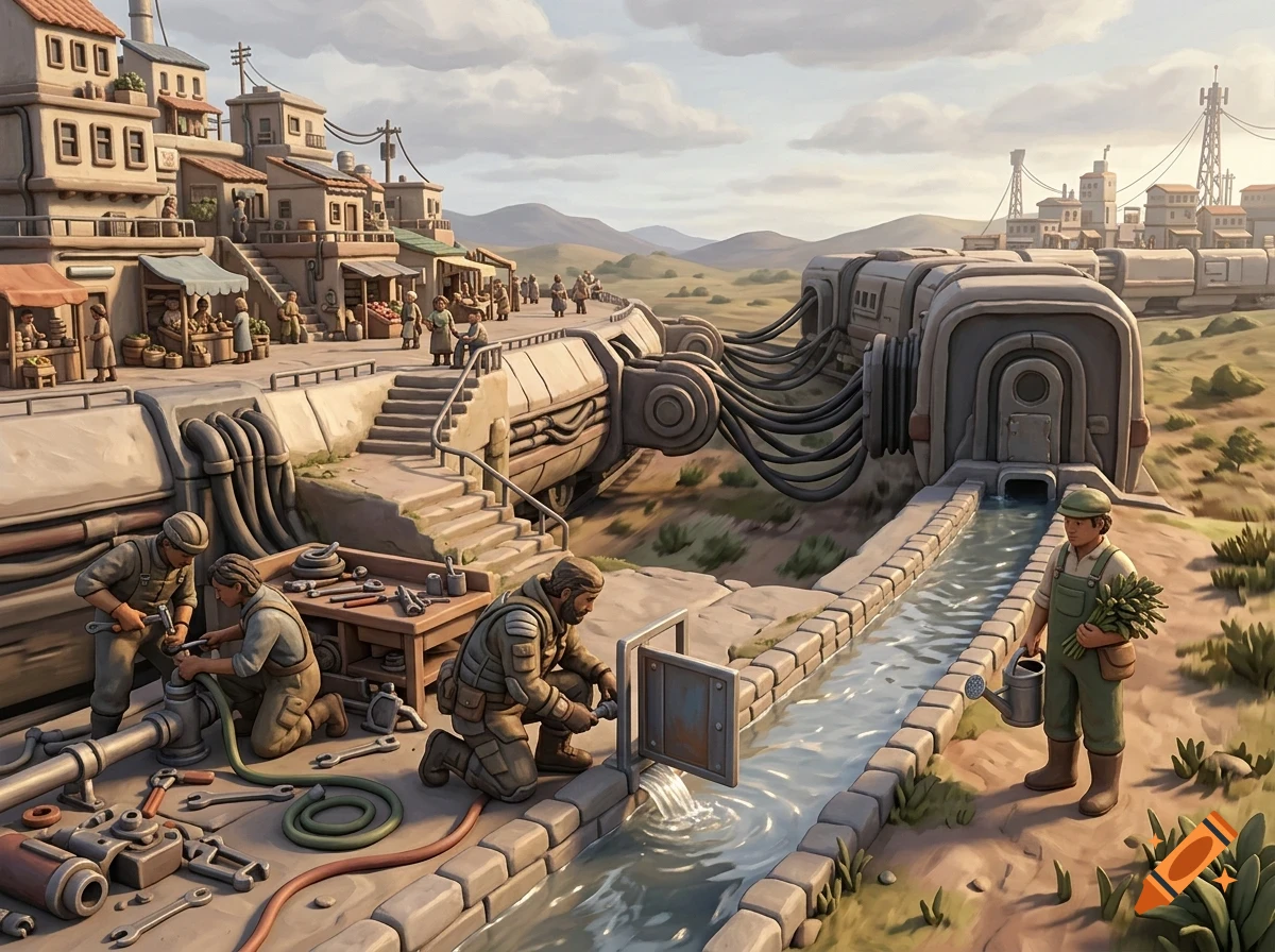 An illustrated view of a futuristic desert settlement with workers maintaining pipes and a flowing water canal, and a train connected via large cables.