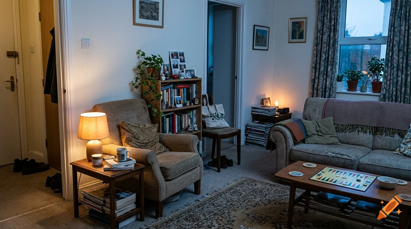 A cozy living room interior with an armchair, sofa, bookshelf, coffee table with a game board, and warm lamps.