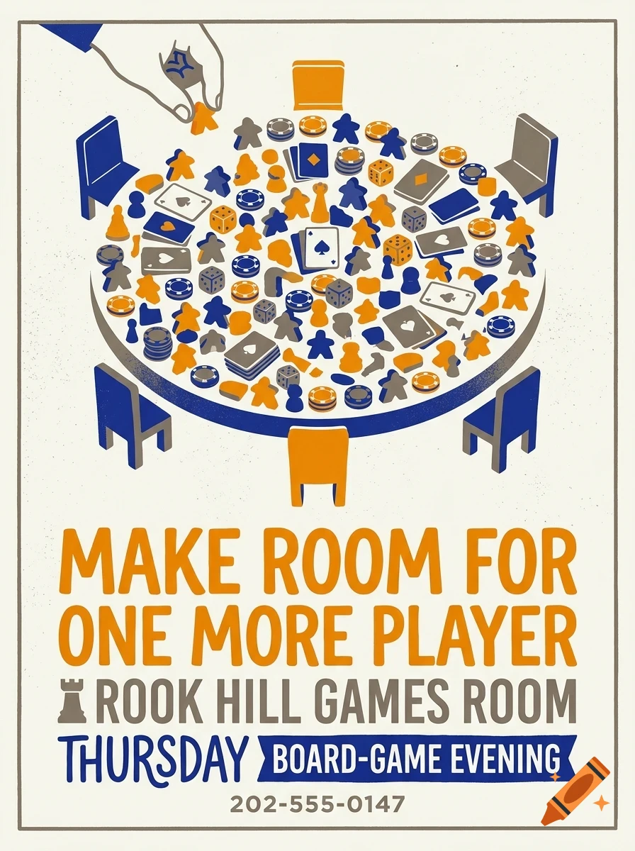 An illustrated poster advertising a board game evening, showing a table covered in game pieces, cards, and dice, with a hand placing a pawn.