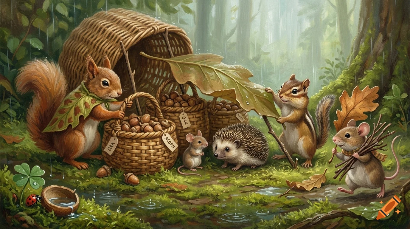 A squirrel, chipmunk, hedgehog, and mice gather acorns and build a shelter in a lush forest during the rain.