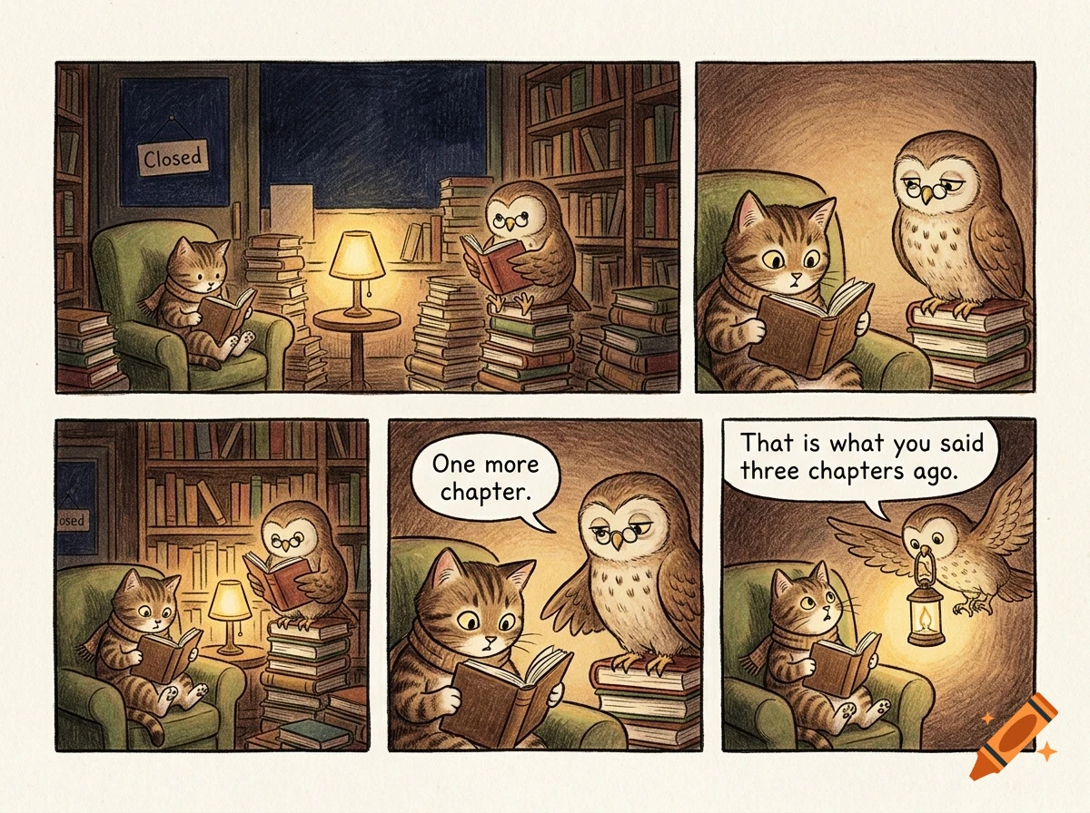A multi-panel comic featuring a cat and an owl reading books in a library late at night.