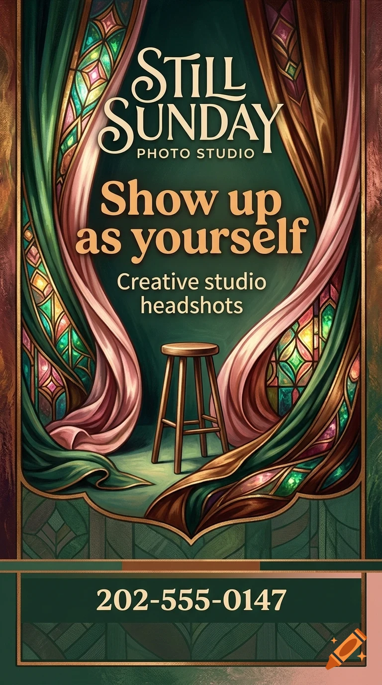 An art deco style poster advertising Still Sunday Photo Studio with the text 'Show up as yourself Creative studio headshots', featuring a wooden stool framed by draped curtains and stained glass panels.