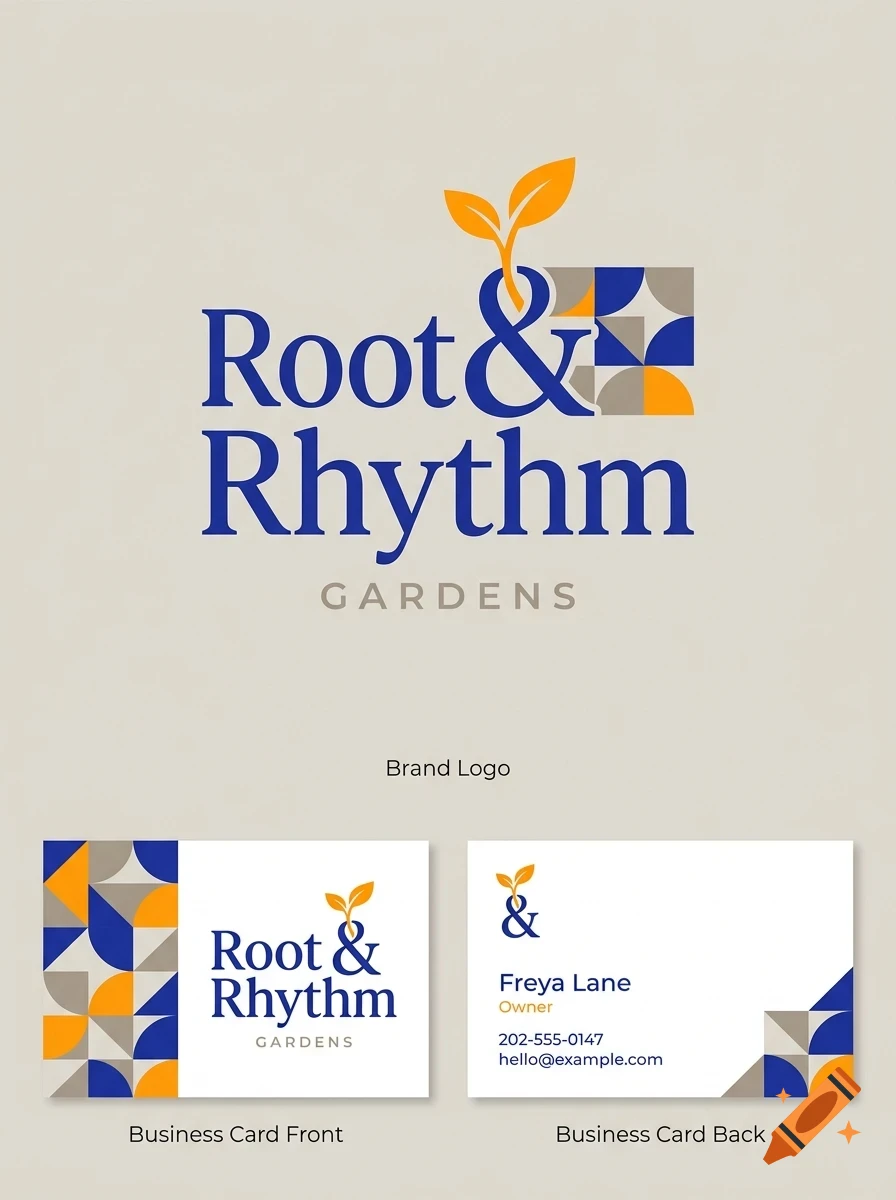 A branding mockup displaying a logo with the text Root & Rhythm Gardens, featuring an abstract geometric pattern and a small seedling, alongside business cards showing the front and back design.