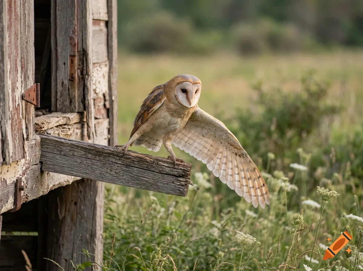 A barn owl perched on a wooden beam outside an old weathered structure, spreading its wing.