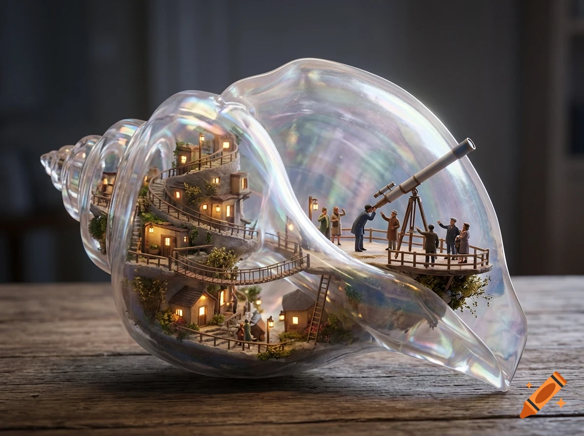 A miniature world built inside a glowing, iridescent seashell resting on a wooden table, featuring tiny buildings, winding paths, and miniature people looking through a telescope.