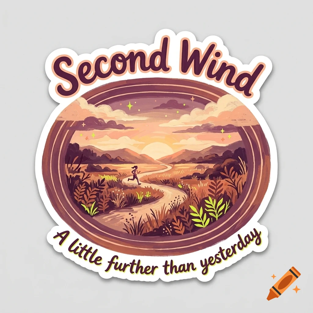 A sticker depicting a sunset landscape with a winding path, mountains, and a running figure, featuring the text "Second Wind" and "A little further than yesterday".