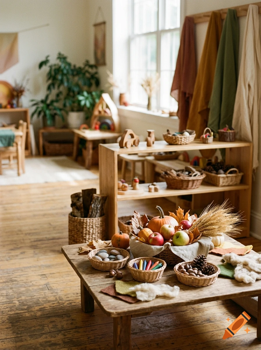 Photorealistic Waldorf-style classroom with wooden tables, seasonal autumn fruits, grains, and toys.