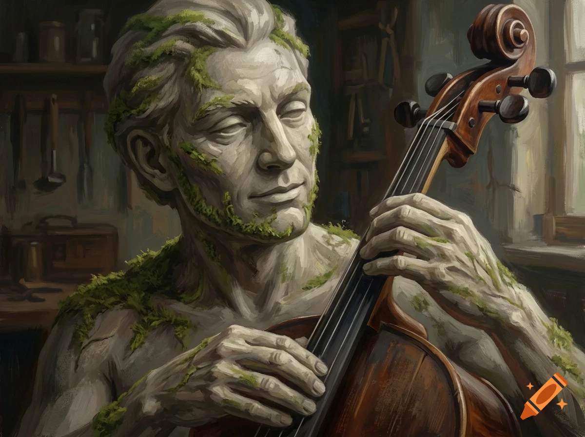 An oil painting of a stone-like humanoid statue covered in patches of moss, playing a wooden cello.
