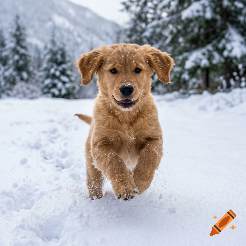 Photorealistic golden retriever puppy running happily through deep snow in a winter forest.