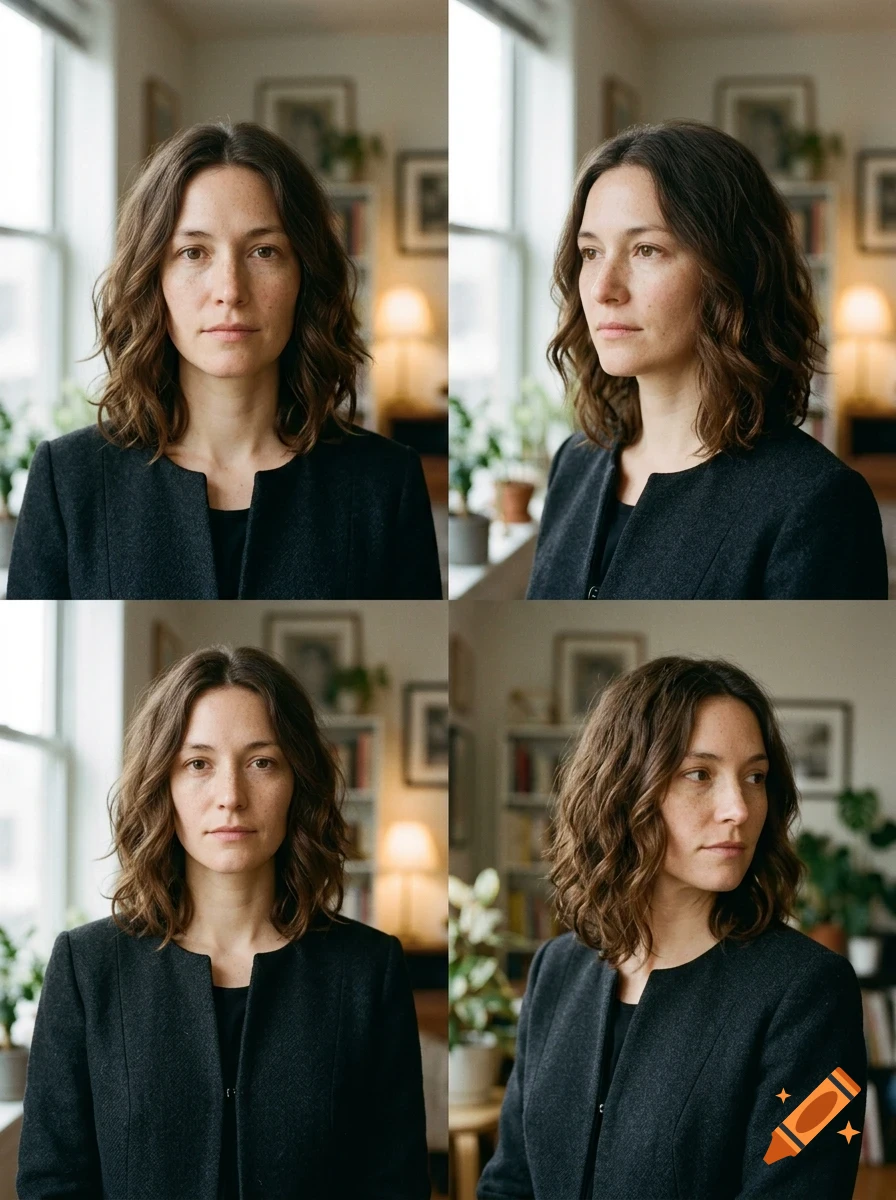 Four-panel portrait of a woman with shoulder-length wavy brown hair wearing a dark jacket.