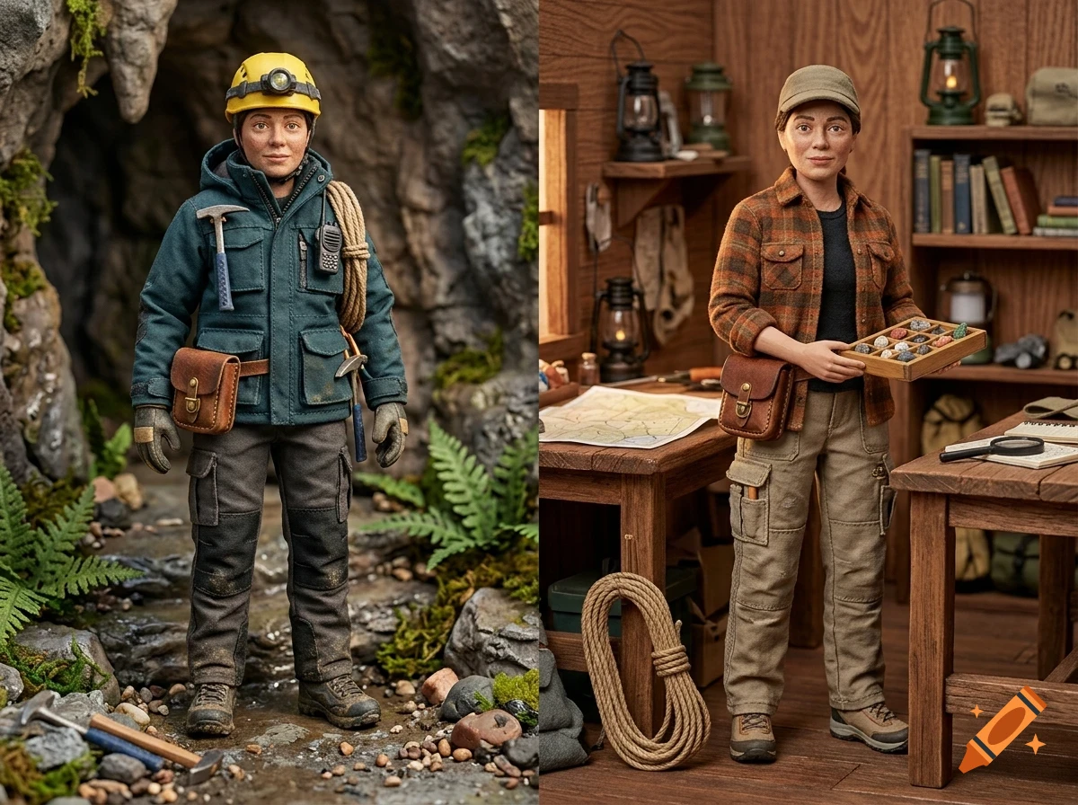 Two figures of geologists in a diorama, one standing in a cave and one inside a cabin.