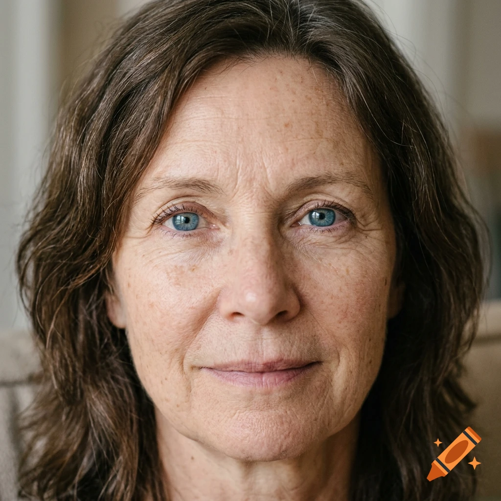 Close-up portrait of a 65-year-old woman with brown hair and blue eyes, looking directly at the camera.