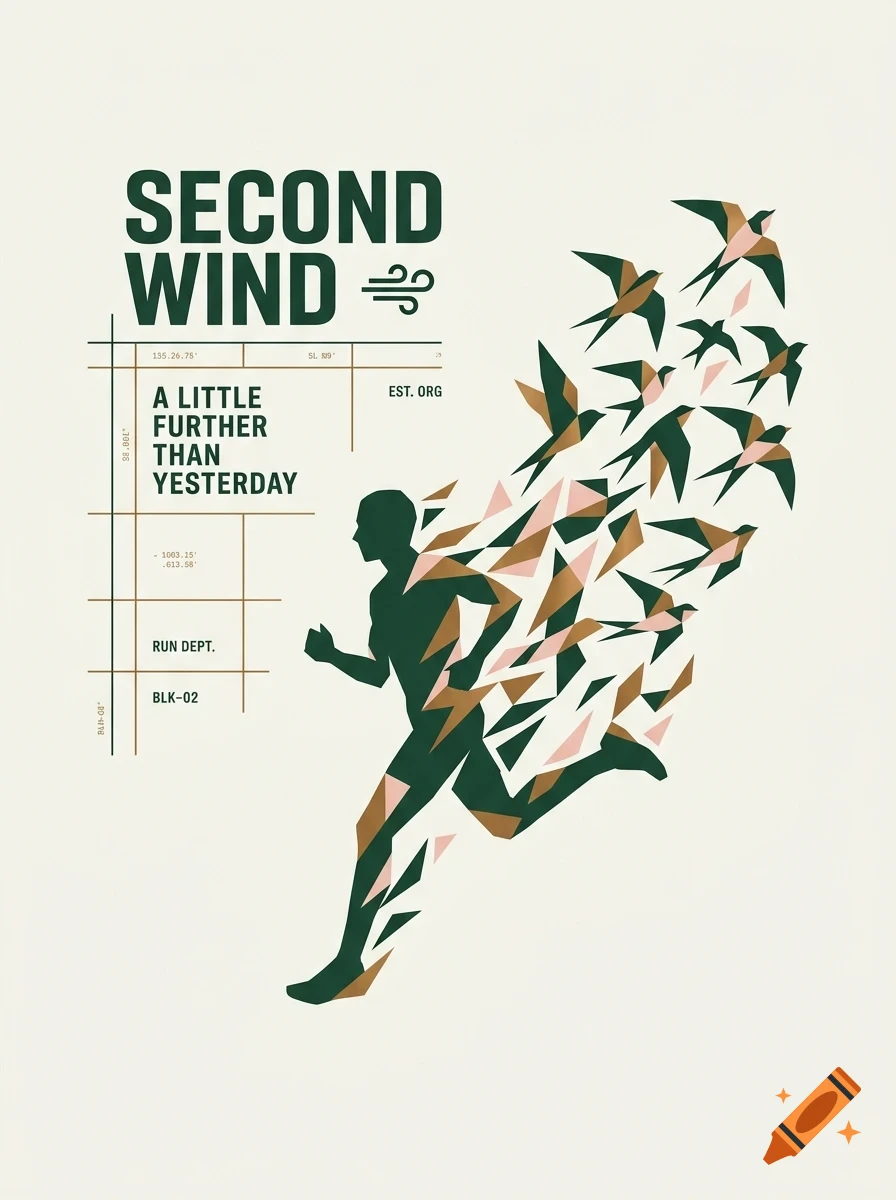 A stylized poster graphic of a running person dissolving into a flock of birds, with the text SECOND WIND and A LITTLE FURTHER THAN YESTERDAY.