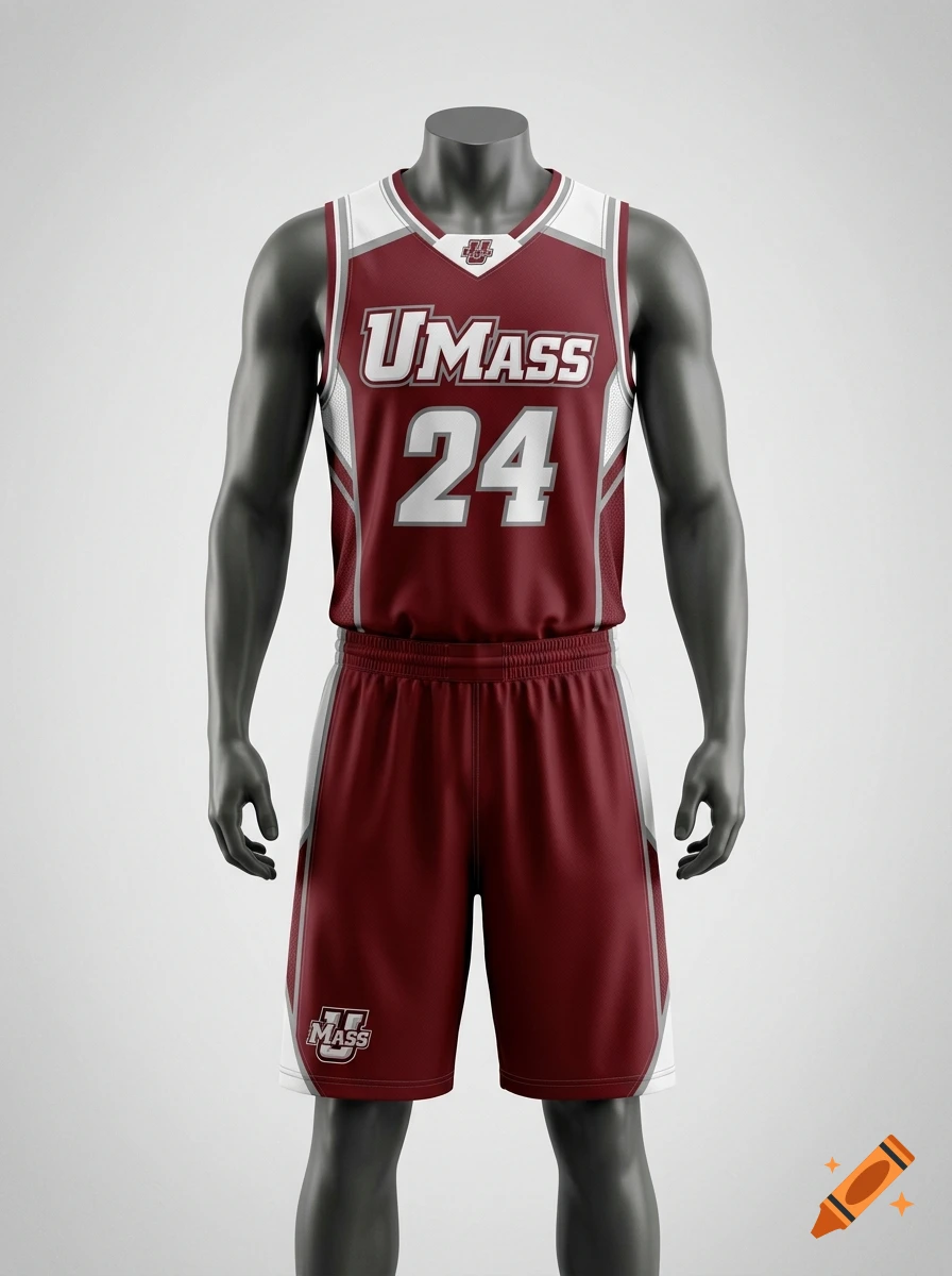 Photorealistic mockup of a maroon and white UMass basketball uniform with number 24 on a dark mannequin.