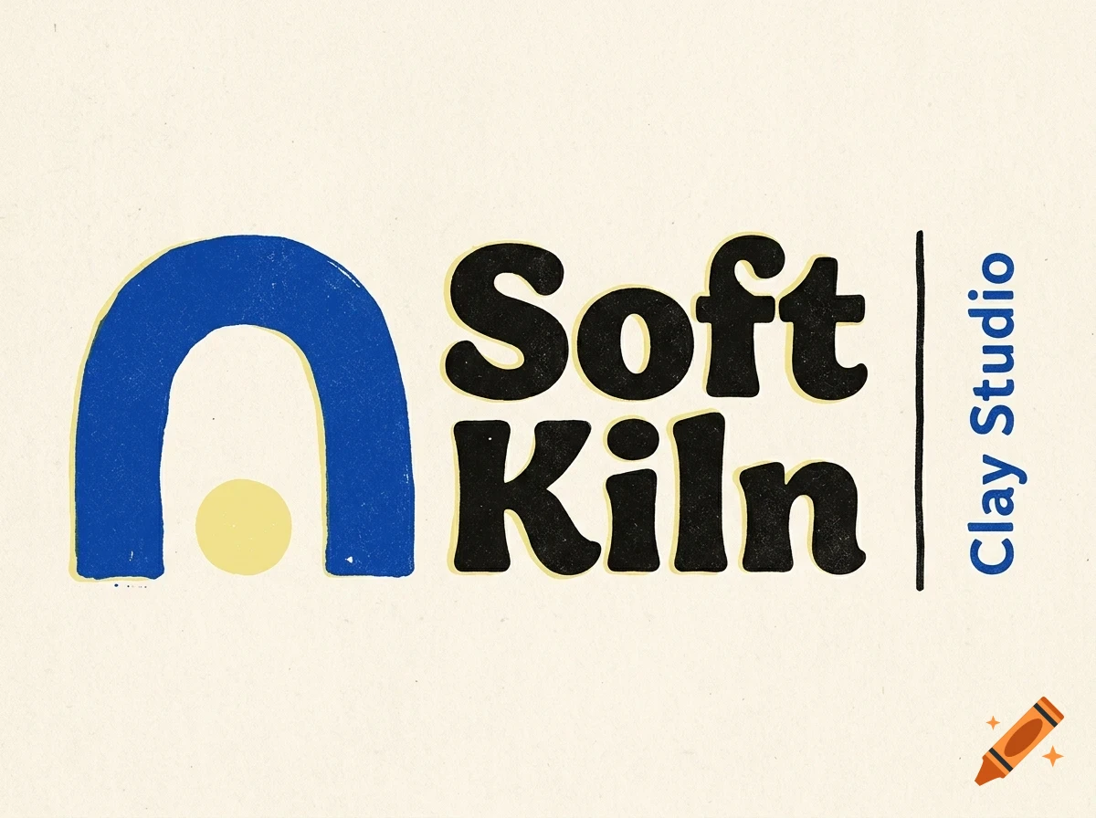 A logo design featuring a blue arch over a yellow circle, with the black text Soft Kiln and the blue text Clay Studio.