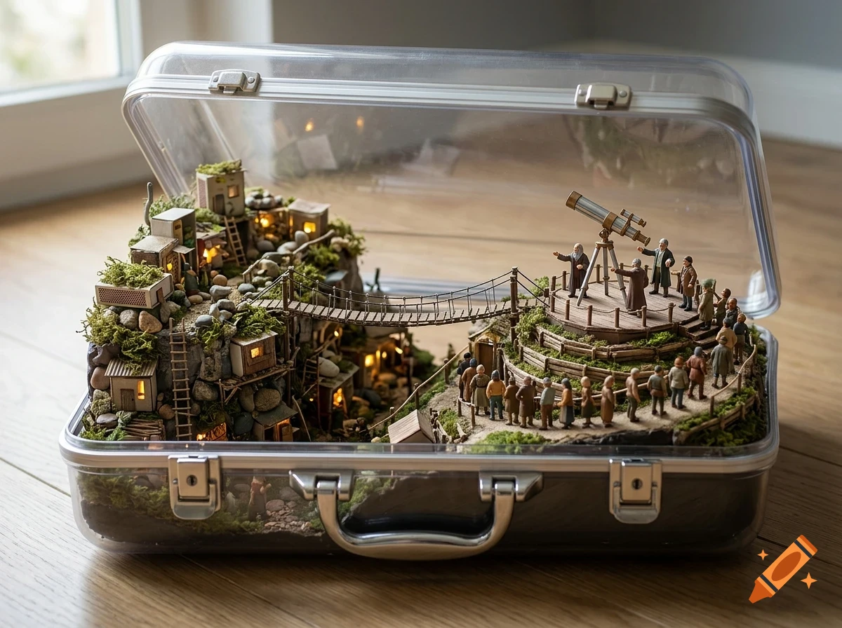 A detailed miniature diorama inside a clear plastic suitcase, showing a village on a cliff connected by a bridge to an observatory with a telescope and tiny figurines.