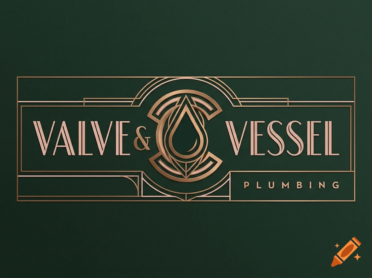 An Art Deco style logo with the text VALVE & VESSEL PLUMBING and a water drop symbol in rose gold on a dark green background.