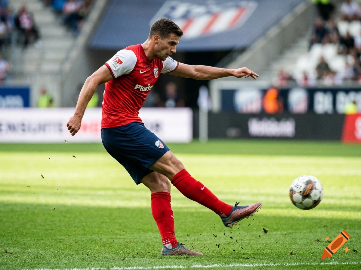 Photorealistic action shot of a male soccer player kicking a ball on a stadium pitch.