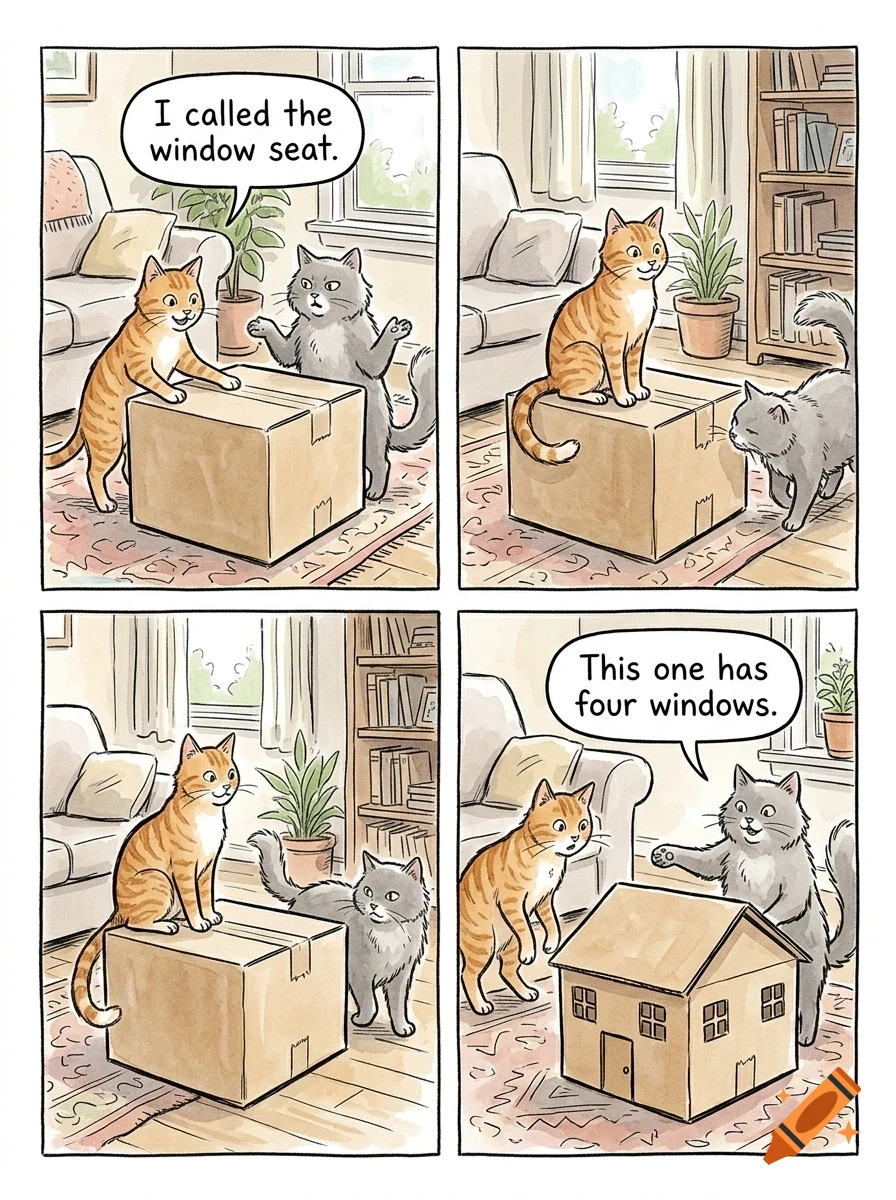 A four-panel comic strip featuring an orange tabby cat and a grey cat interacting around cardboard boxes in a living room.