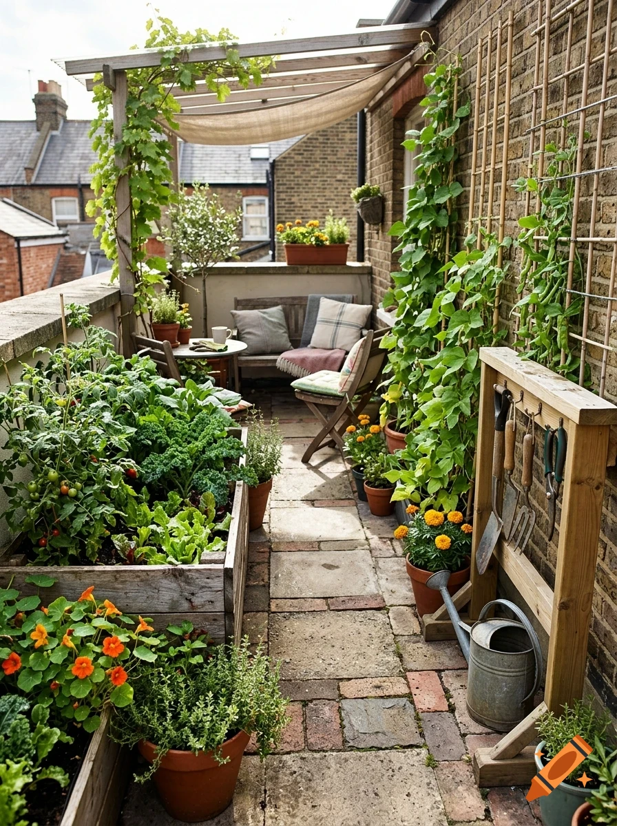A lush rooftop balcony garden with wooden planters filled with vegetables, climbing vines on trellises, potted flowers, and a cozy seating area.