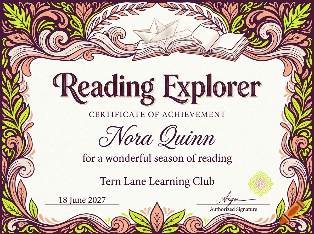 Certificate of achievement titled Reading Explorer with ornate floral borders and books illustration.