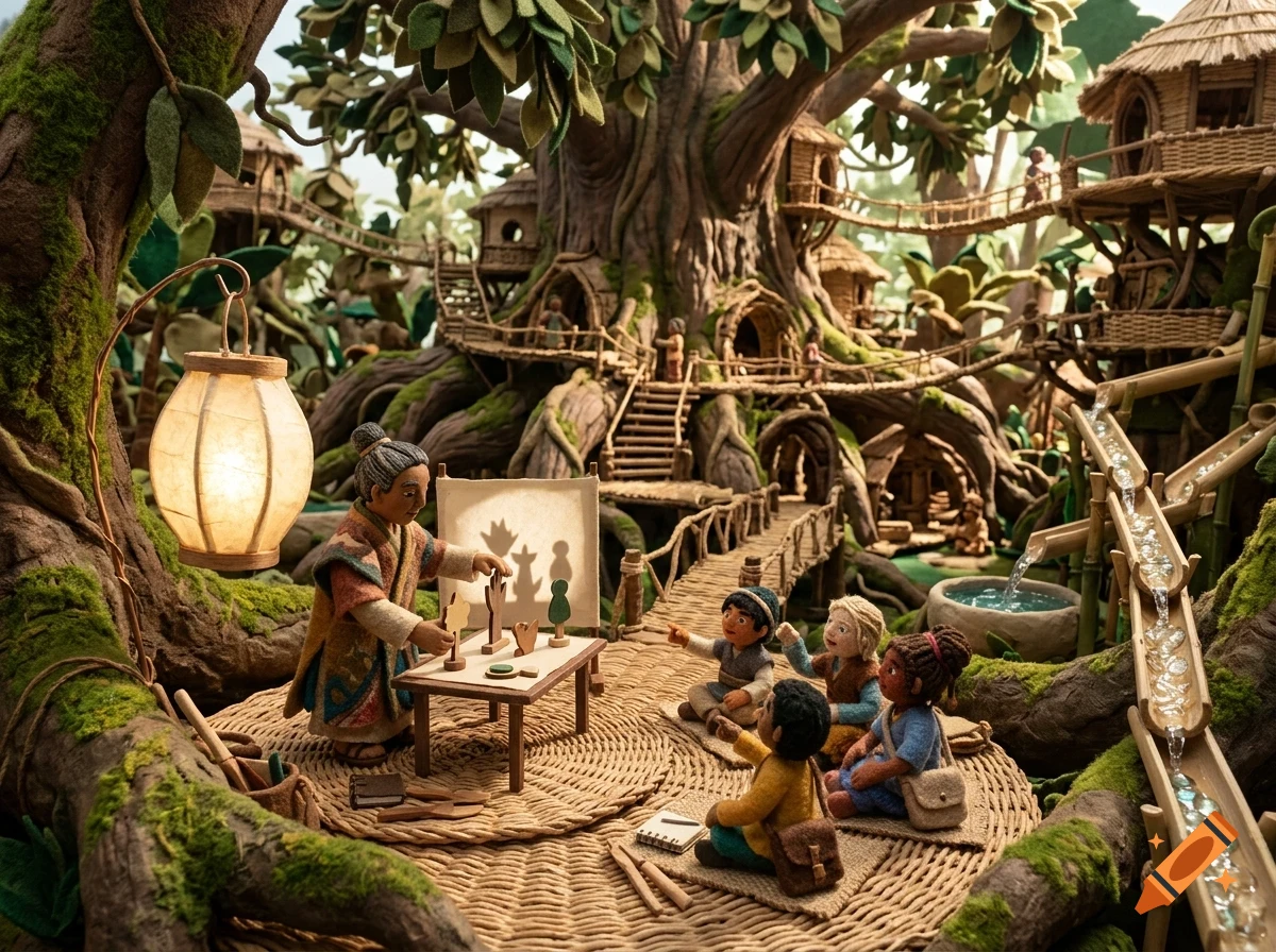 A teacher doing a shadow puppet show for children in a detailed claymation treehouse village.