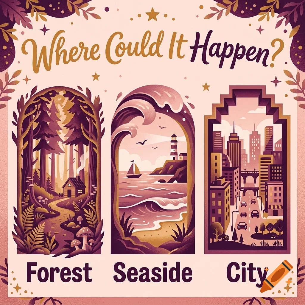 An illustration with the text Where Could It Happen? showing three framed scenes of a forest, a seaside, and a city.