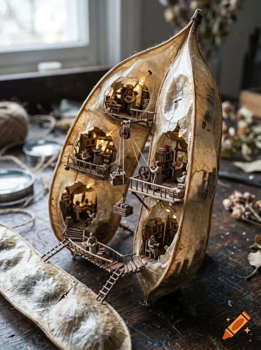 A miniature multi-level library built inside a hollowed-out dried seed pod, featuring tiny figures, bookshelves, and wooden balconies.