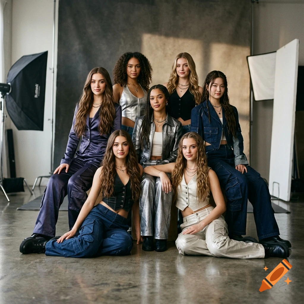 Group portrait of seven young women posing in a photo studio wearing stylish modern outfits.