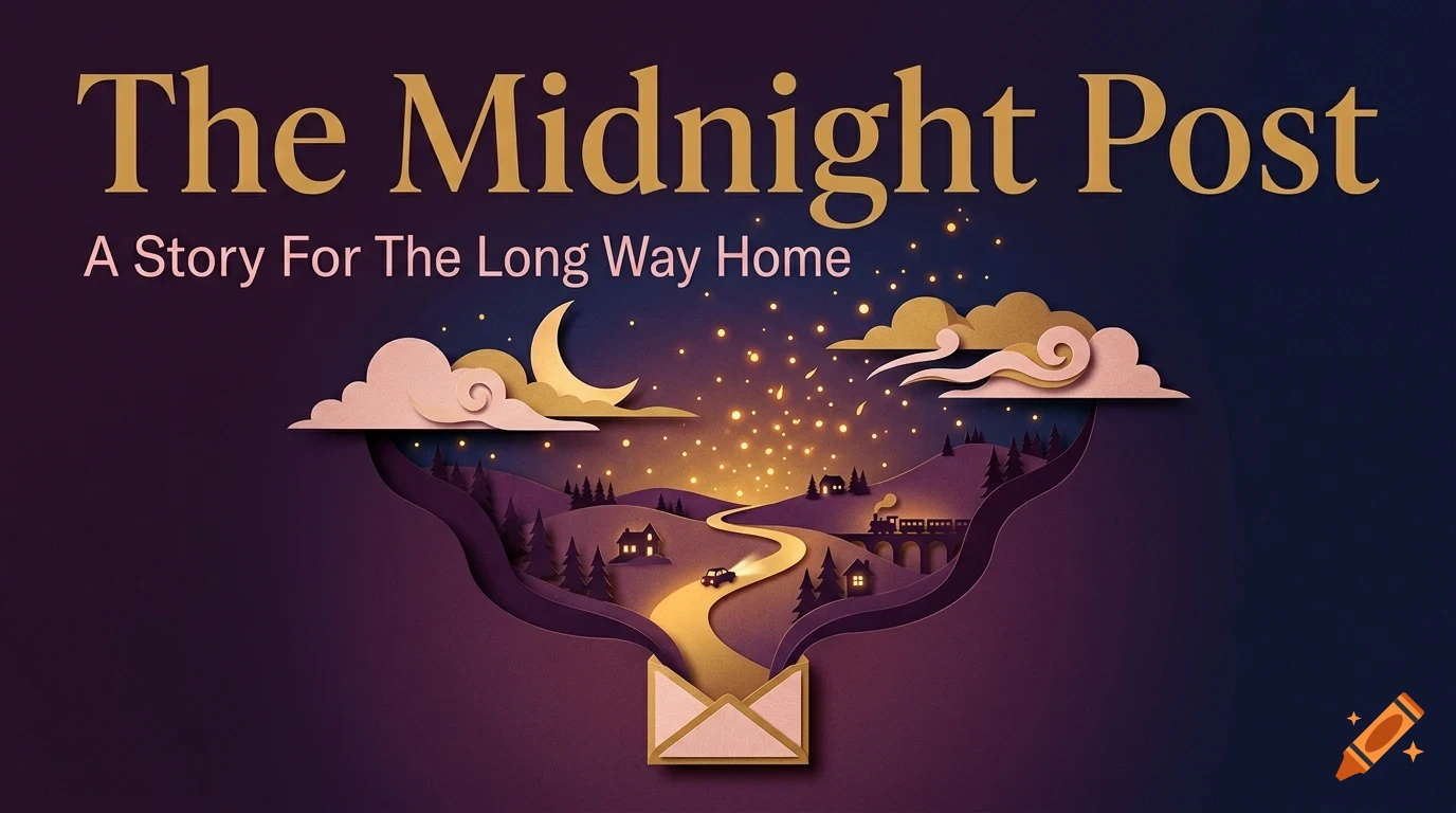 An illustration showing a winding road through a hilly landscape emerging from an open envelope under a night sky with stars, moon, and clouds, with the text 'The Midnight Post' above.