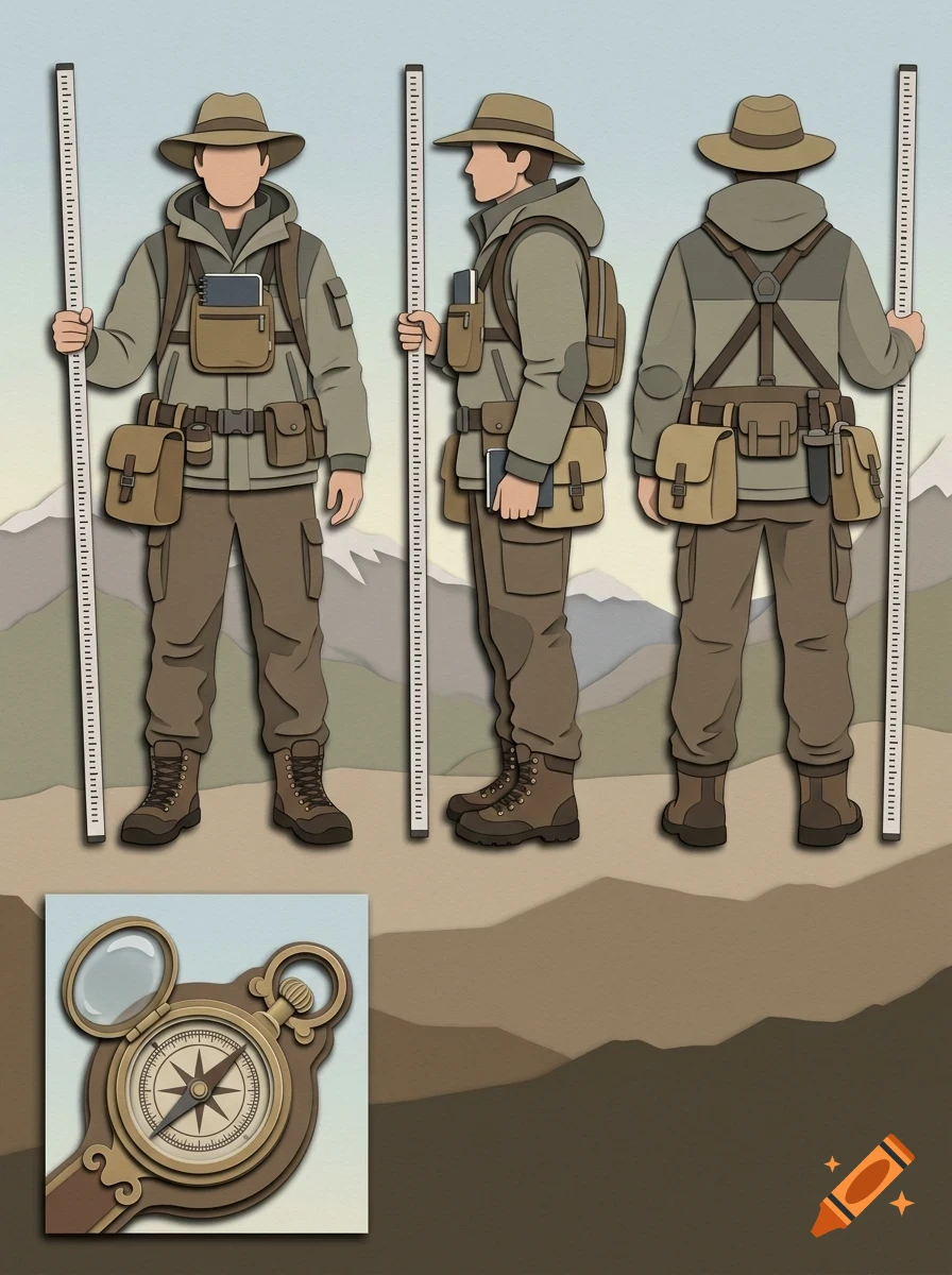 Character design sheet showing a character from multiple angles wearing an explorer outfit, holding a measuring rod, with a compass inset.