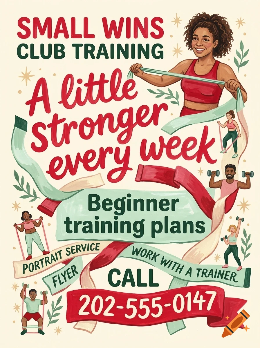 An illustrated poster advertising fitness training with people exercising, resistance bands, and bold lettering.