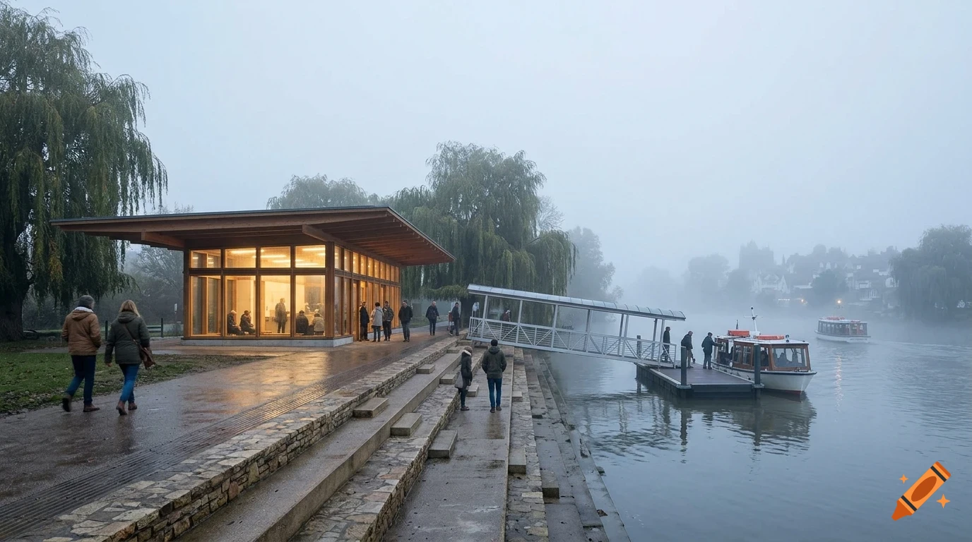 A modern glass pavilion and wooden walkway along a foggy riverbank with people walking and boats docked.