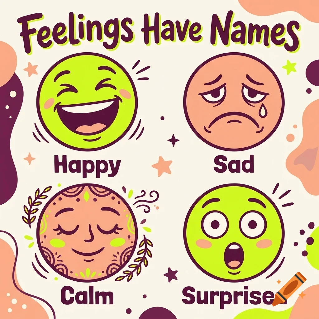 An educational illustration titled Feelings Have Names, showing four circular emoji faces depicting happy, sad, calm, and surprised emotions.
